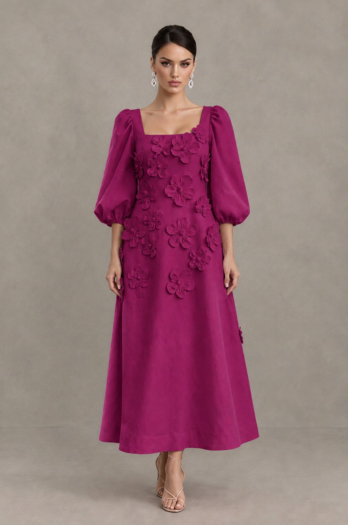 BOLODOO Fuchsia 3D Floral Puff Sleeve Midi Cocktail Dress - Fuchsia - Fuchsia_1