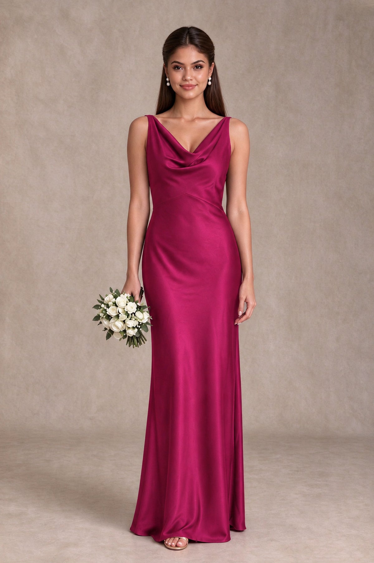 BOLODOO Fuchsia Cowl Neck Open Back Satin Bridesmaid Dress - Fuchsia - Fuchsia_1
