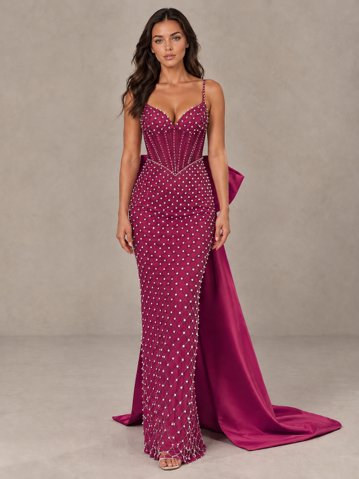 BOLODOO Fuchsia Beaded Corset Prom Dress with Bow Train - Fuchsia - Fuchsia_1