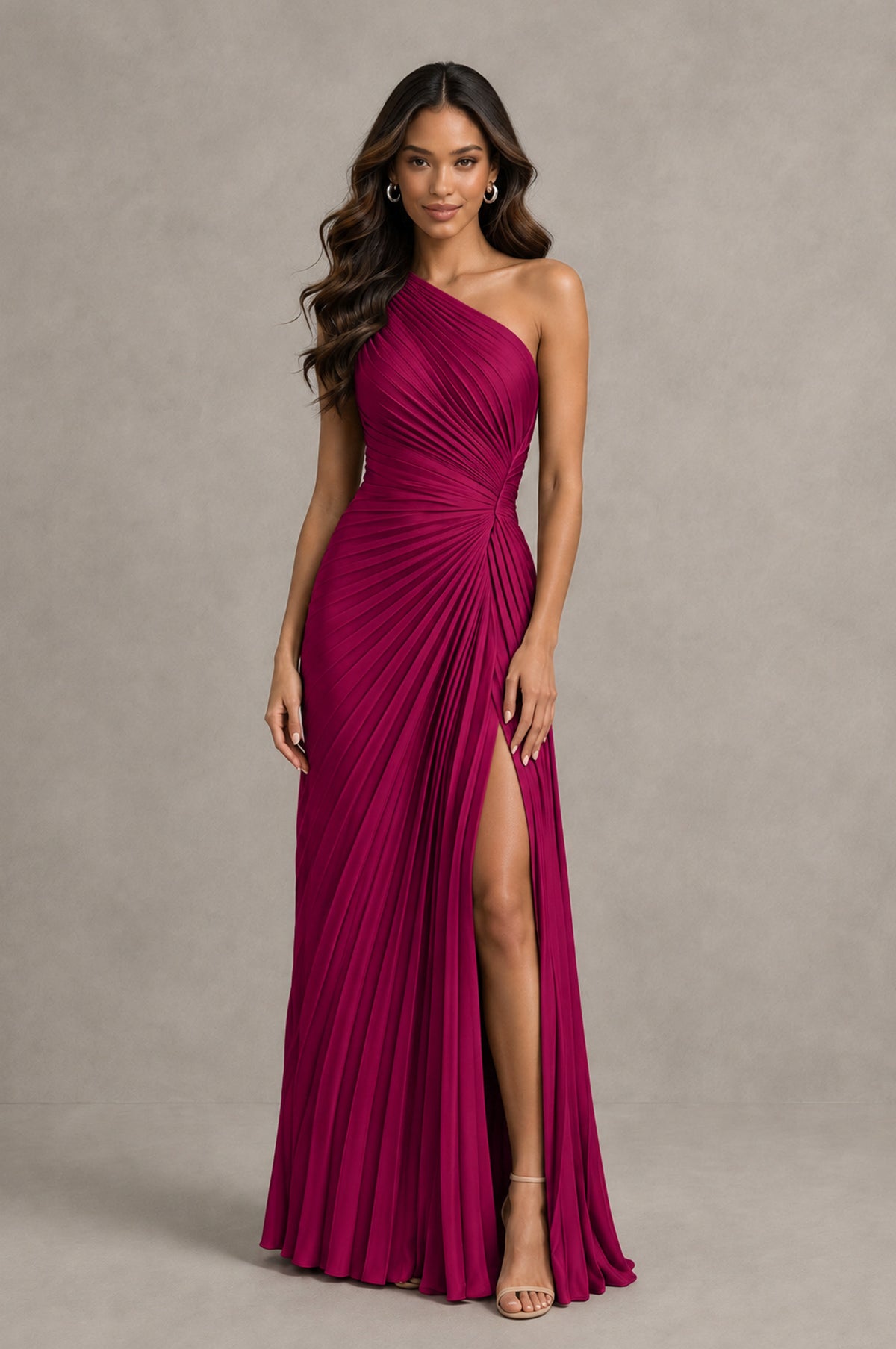 BOLODOO Fuchsia One Shoulder Pleated Evening Dress with Ruched Waist and High Slit - Fuchsia - Fuchsia_1