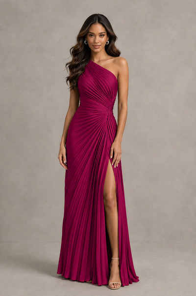 BOLODOO Fuchsia One Shoulder Pleated Evening Dress with Ruched Waist and High Slit - Fuchsia - Fuchsia_1