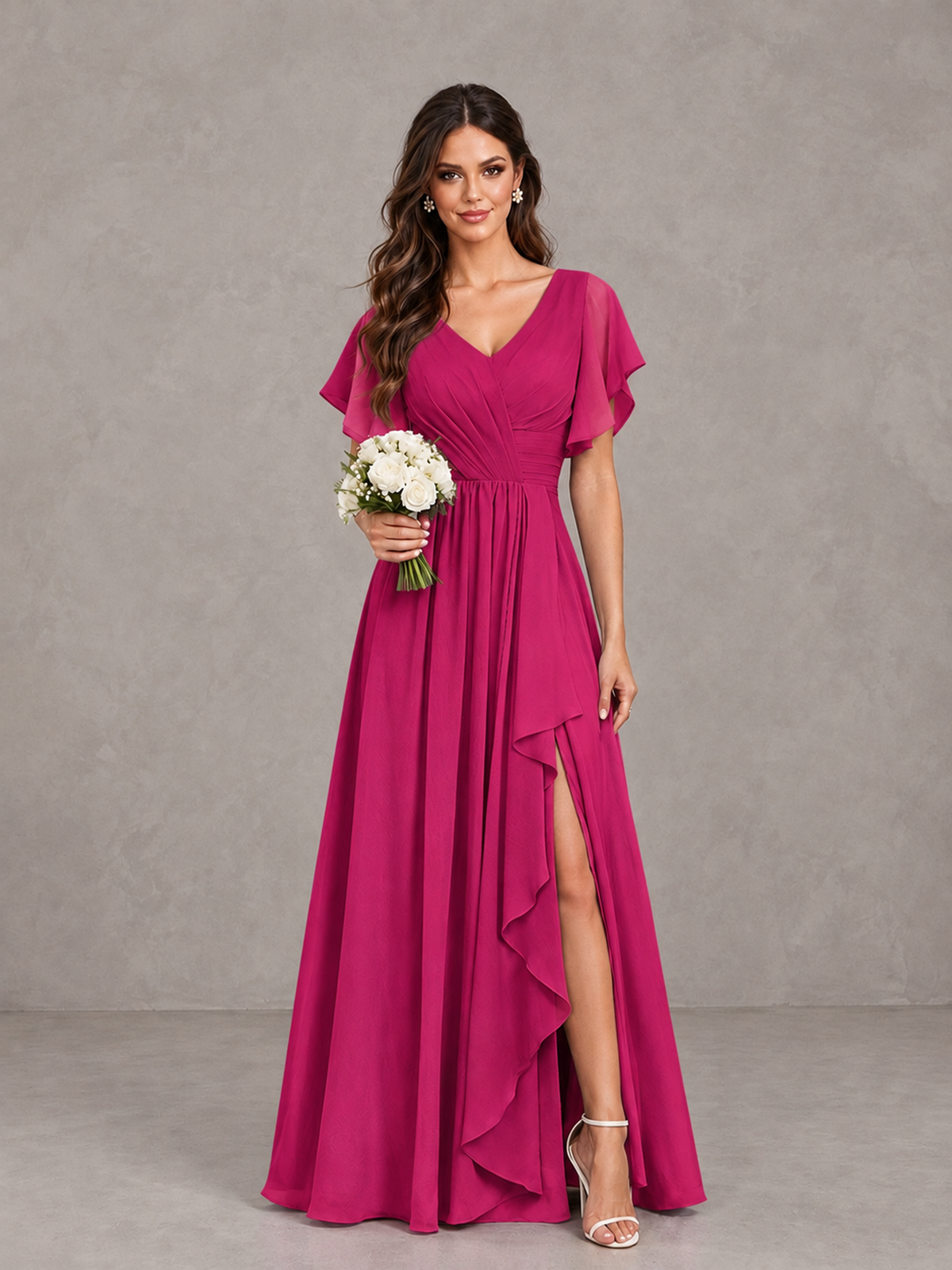 BOLODOO Fuchsia Flutter Sleeve V-Neck Bridesmaid Dress with Ruffle Slit - Fuchsia - Fuchsia_1