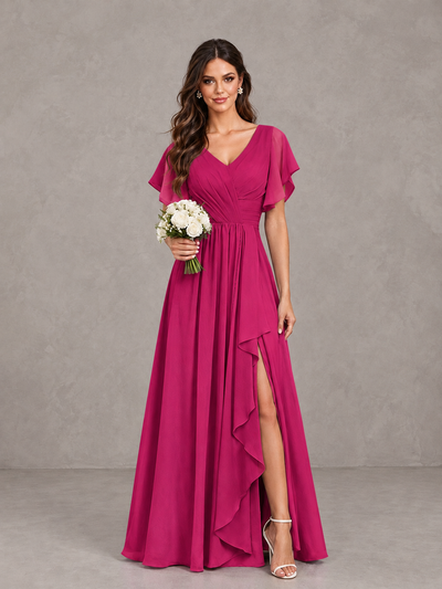 BOLODOO Fuchsia Flutter Sleeve V-Neck Bridesmaid Dress with Ruffle Slit - Fuchsia - Fuchsia_1