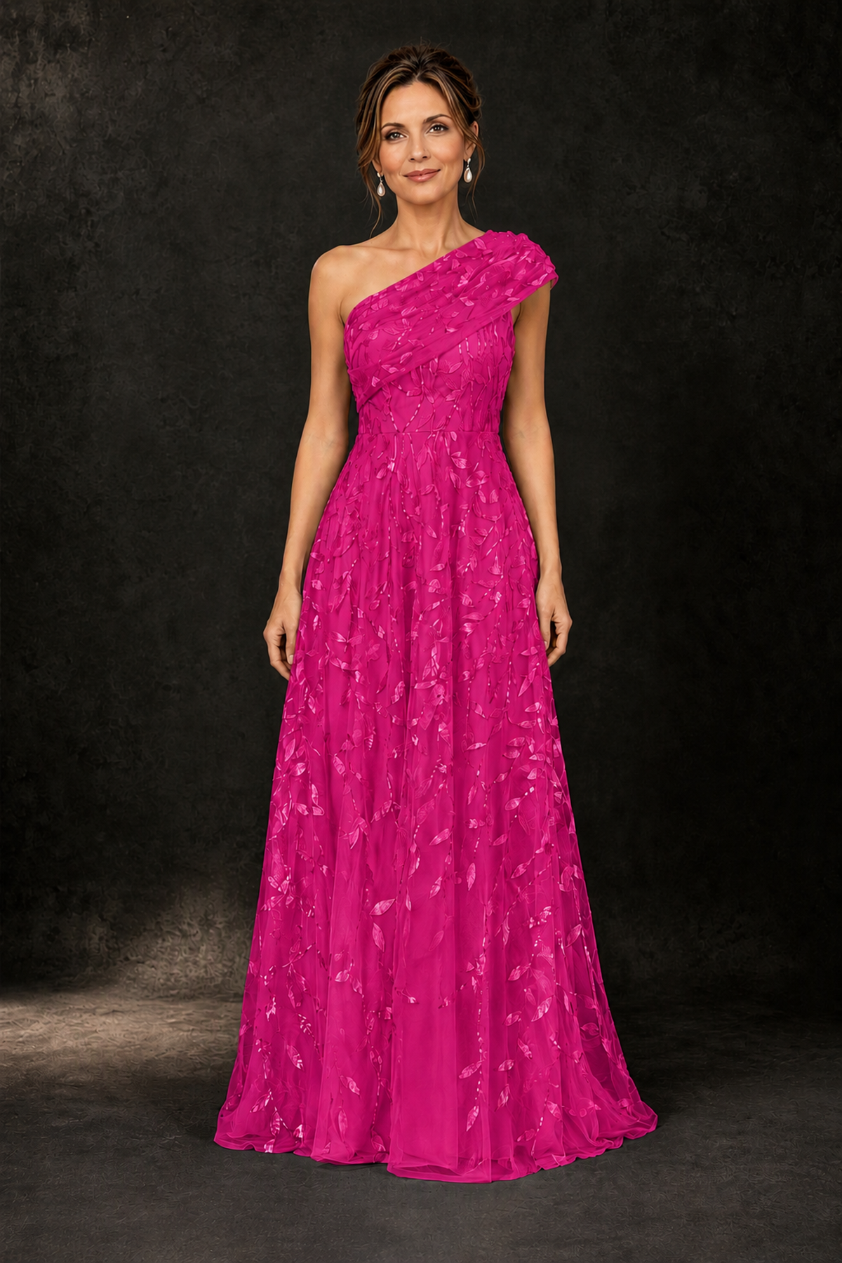 BOLODOO Fuchsia Leaf Sequin One-Shoulder A-Line Maxi Gown – Mother of the Bride & Formal Evening Dress - Fuchsia - Fuchsia_1