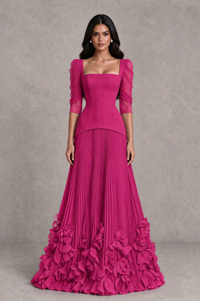 BOLODOO Fuchsia Square Neck Pleated Floral Applique Evening Dress - Fuchsia - Fuchsia_1