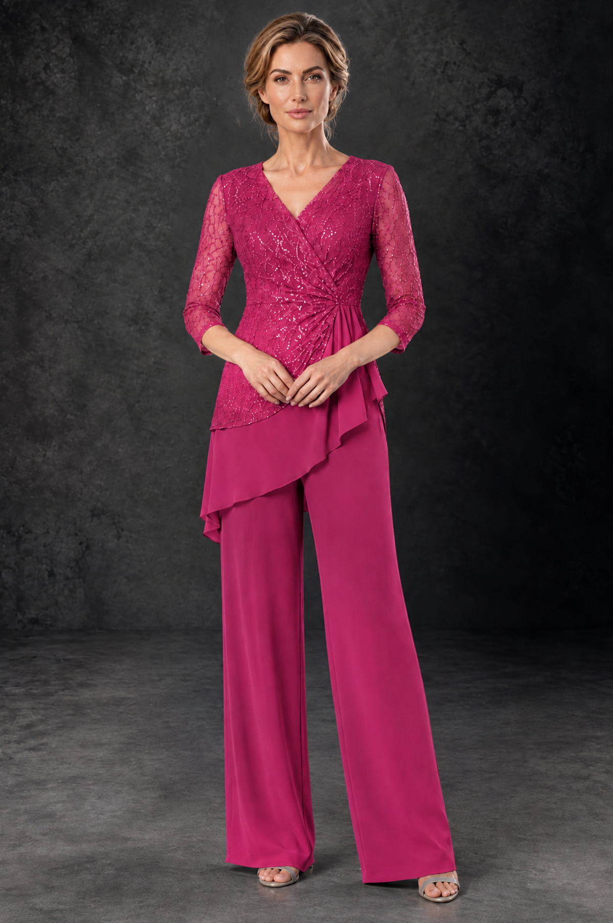 BOLODOO Fuchsia Sequin Lace 3/4 Sleeve Chiffon Mother of the Bride Pant Suit - Fuchsia - Fuchsia_1