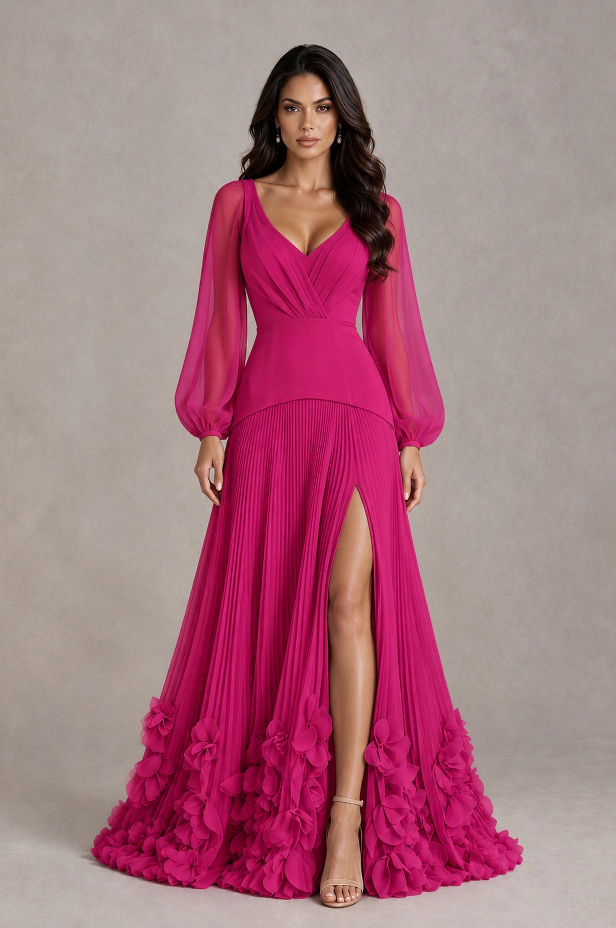 BOLODOO Fuchsia V-Neck Long Sleeve Pleated Floral Hem Evening Dress - Fuchsia - Fuchsia_1