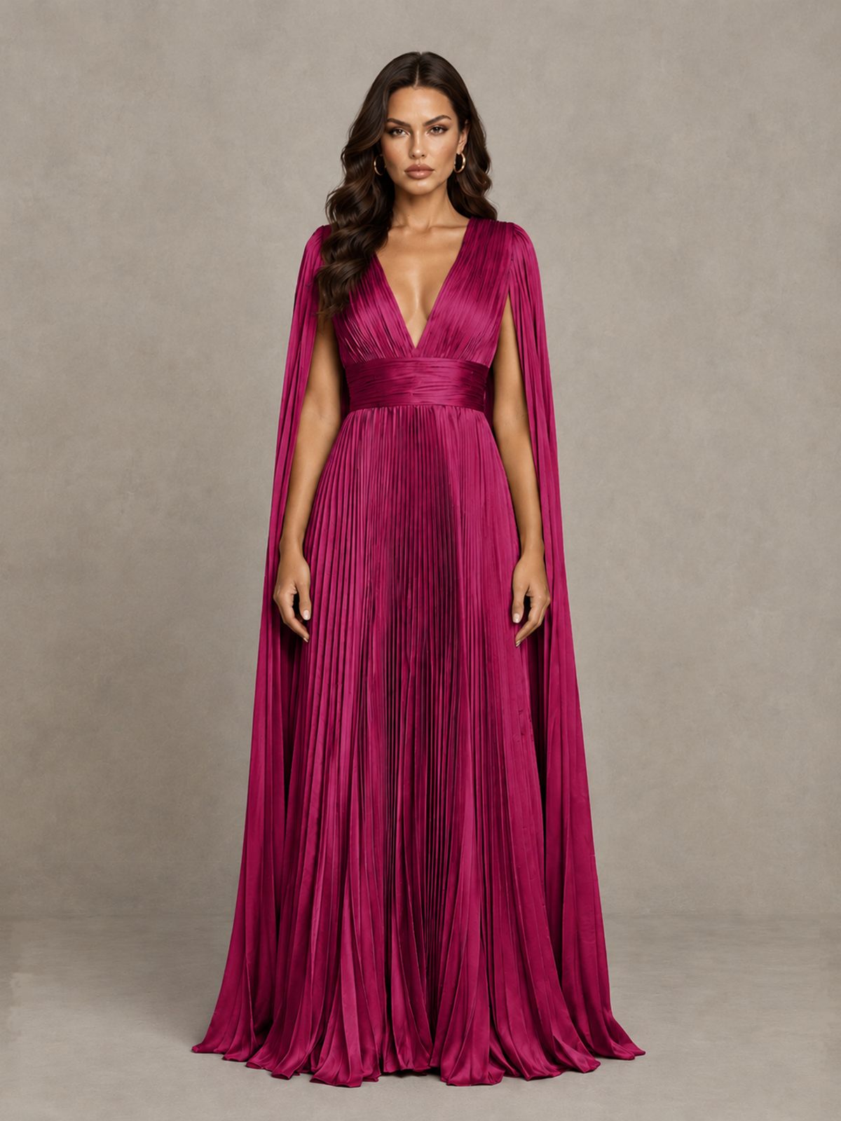 BOLODOO Fuchsia Deep V-Neck Pleated Cape Sleeve Evening Gown - Fuchsia - Fuchsia_1