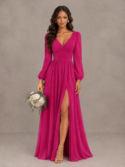 BOLODOO Fuchsia V-Neck Long Sleeve Bridesmaid Dress with Tie Back and Slit - Fuchsia - Fuchsia_1