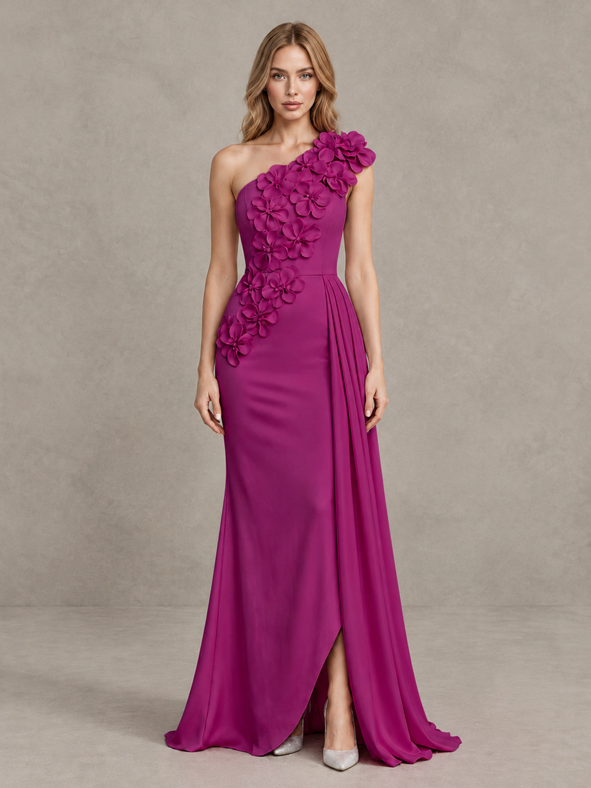 BOLODOO Fuchsia One-Shoulder Satin Mermaid Evening Gown with 3D Floral Appliqué - Fuchsia - Fuchsia_1
