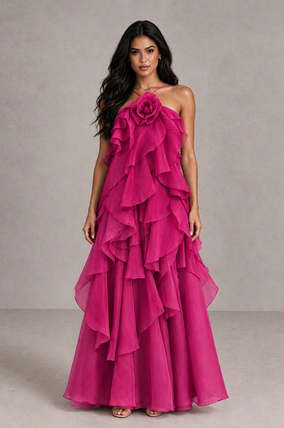 BOLODOO Fuchsia Cascading Ruffle Rosette Open-Back Maxi Dress - Fuchsia - Fuchsia_1