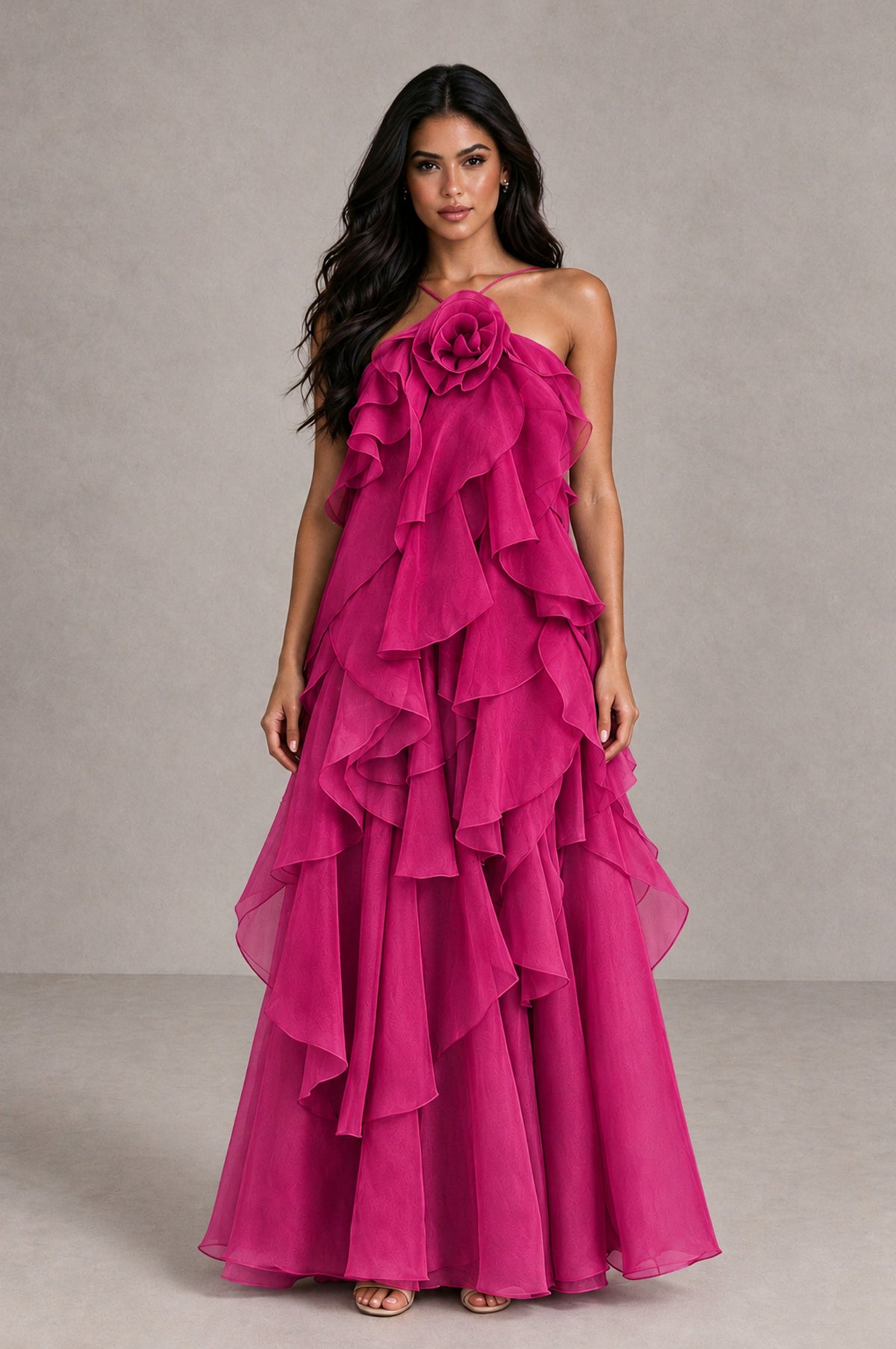 BOLODOO Fuchsia Cascading Ruffle Rosette Open-Back Maxi Dress - Fuchsia - Fuchsia_1