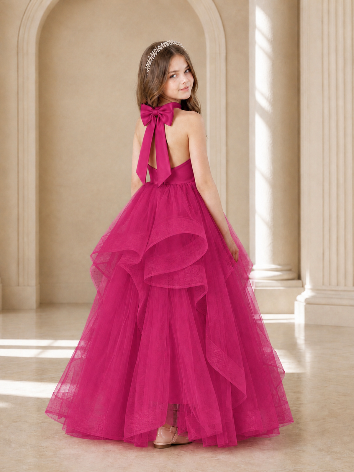 BOLODOO Fuchsia Halter Tiered Tulle Flower Girl Dress with Bow Back - Fuchsia - Fuchsia_1