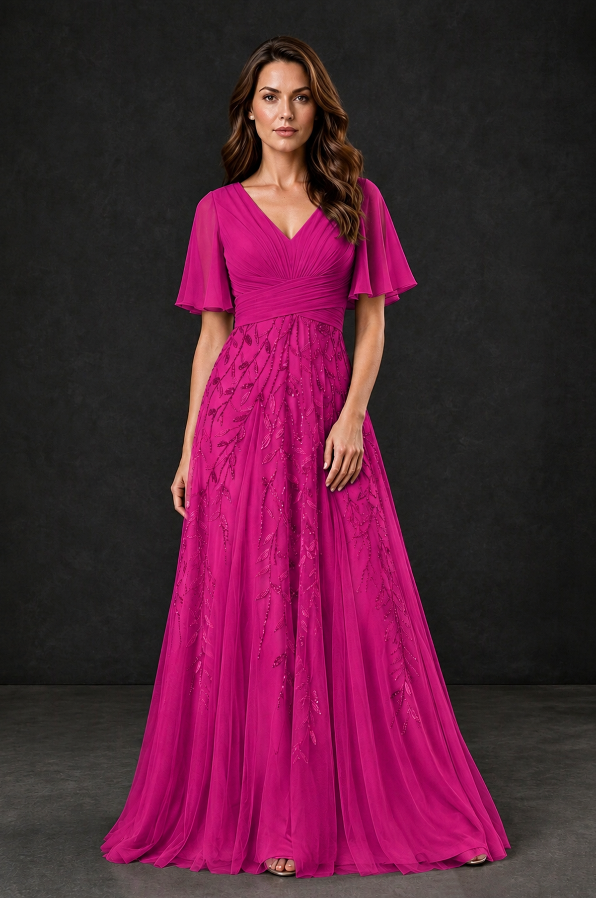 BOLODOO Fuchsia V-Neck Flutter Sleeve Beaded Botanical Tulle A-Line Gown | Mother of the Bride Evening Dress - Fuchsia - Fuchsia_1