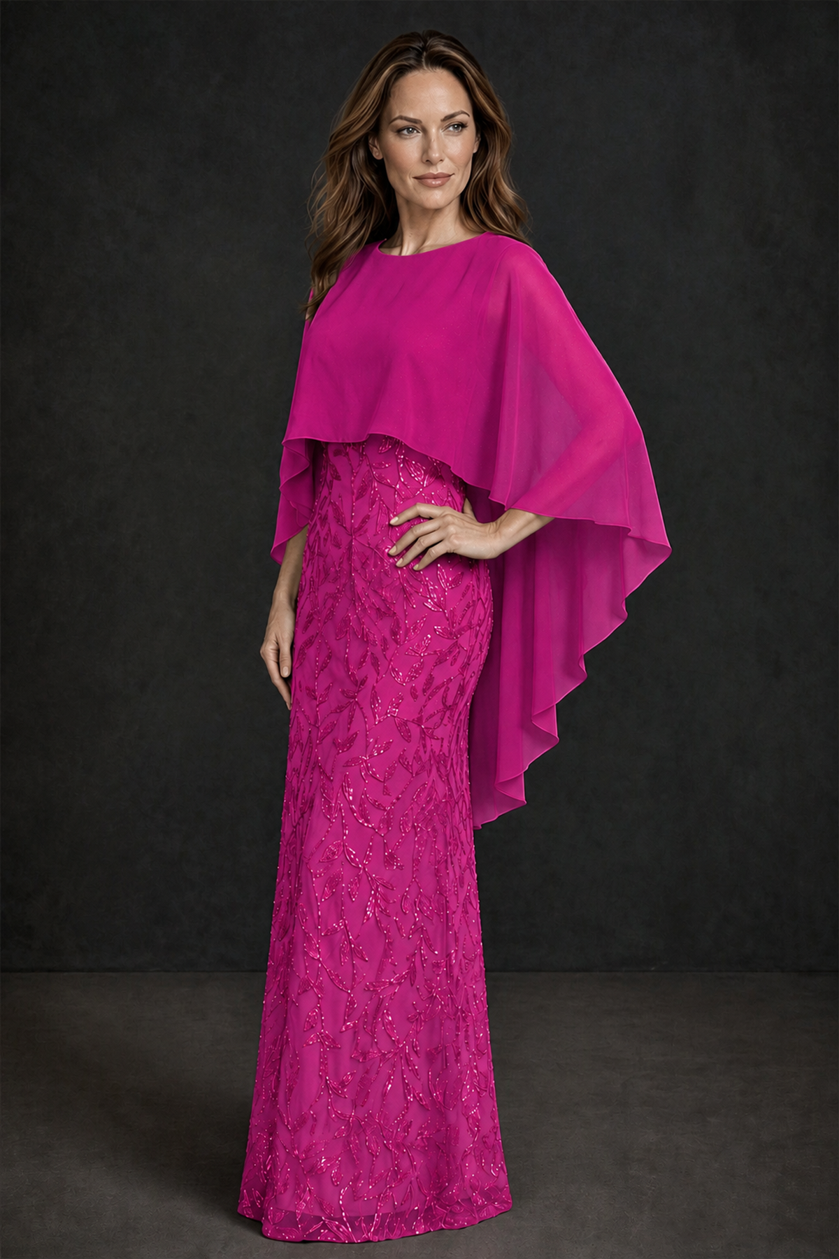 BOLODOO Fuchsia Round Neck Chiffon Cape Overlay Sequin Lace Mermaid Maxi Dress - Fuchsia - Fuchsia_1