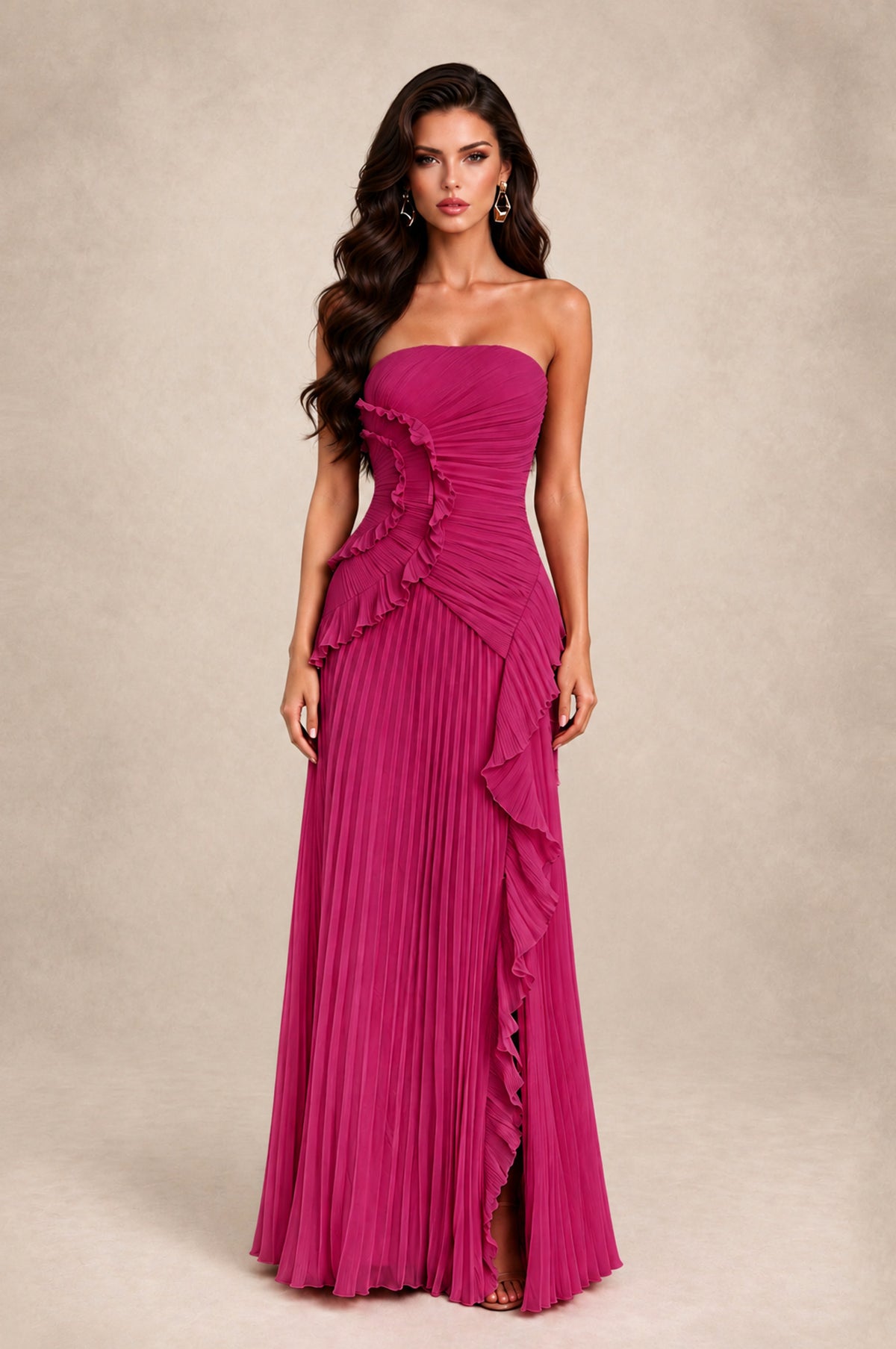 BOLODOO Fuchsia Strapless Ruffle Pleated Slit Evening Gown - Fuchsia - Fuchsia_1