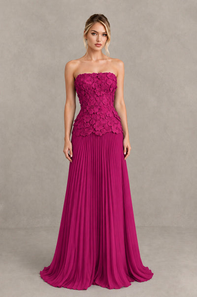 BOLODOO Fuchsia Strapless Floral Applique Pleated Evening Dress - Fuchsia - Fuchsia_1