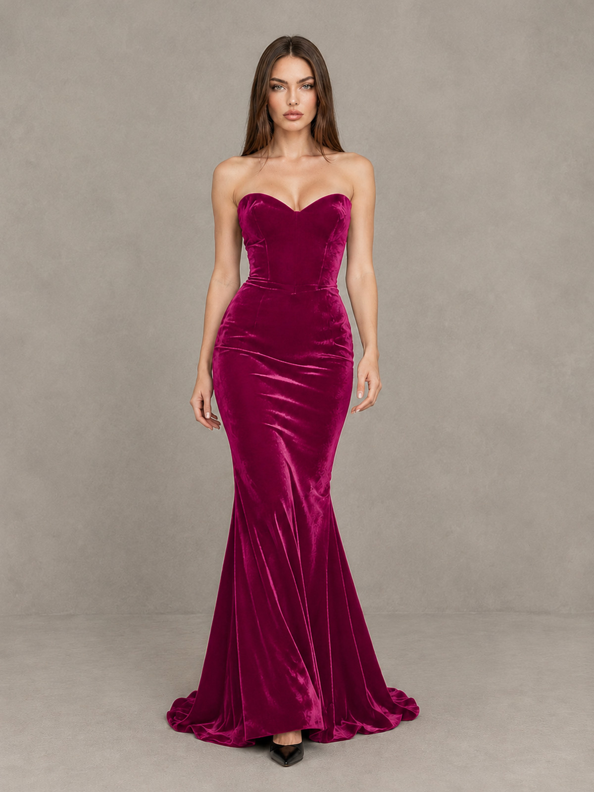 BOLODOO Fuchsia Strapless Sweetheart Velvet-Look Mermaid Evening Dress - Fuchsia - Fuchsia_1