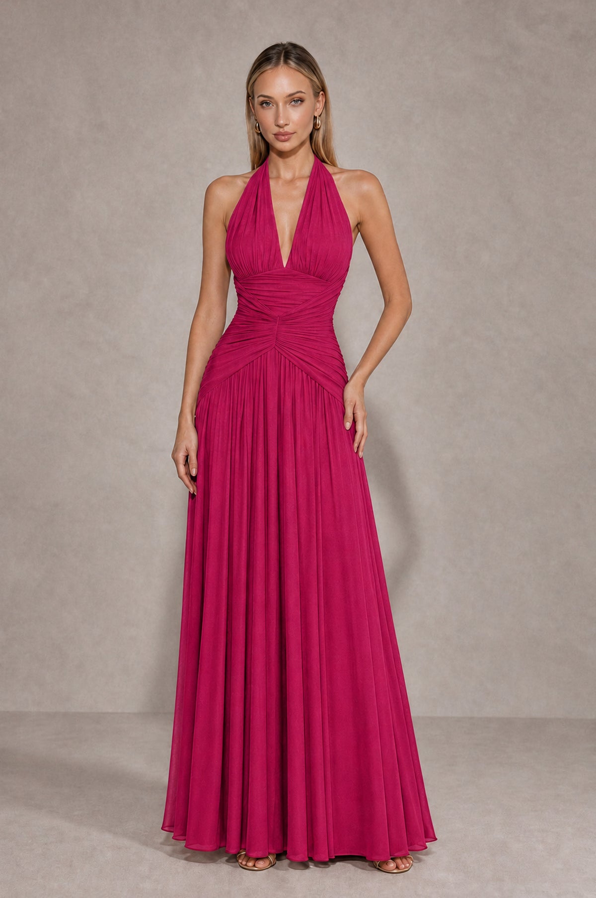 BOLODOO Fuchsia Chiffon Halter Deep V-Neck Ruched A-Line Backless Maxi Dress with Train-BD0167 - Fuchsia - Fuchsia_1