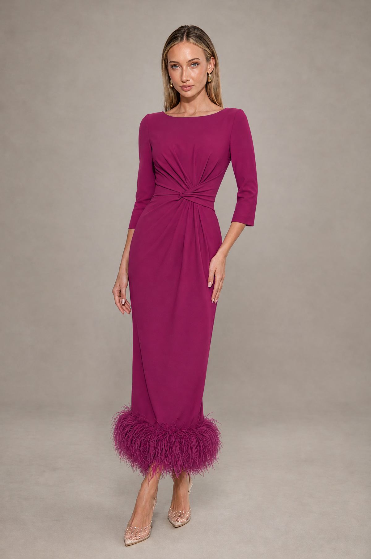BOLODOO Fuchsia Feather-Trim Twist-Waist Midi Dress - Fuchsia - Fuchsia_1
