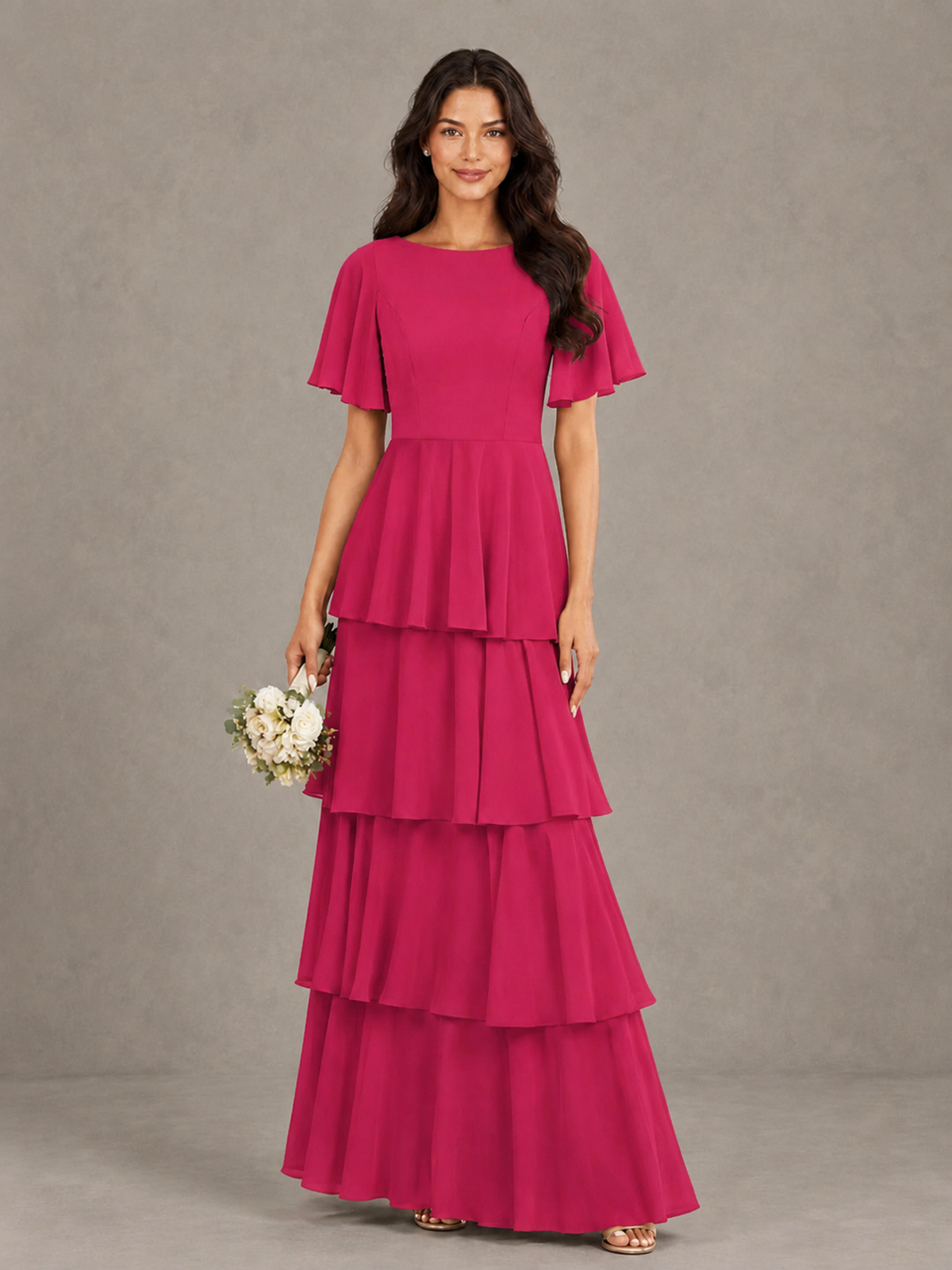 BOLODOO Fuchsia Tiered Flutter Sleeve Bridesmaid Dress - Fuchsia - Fuchsia_1
