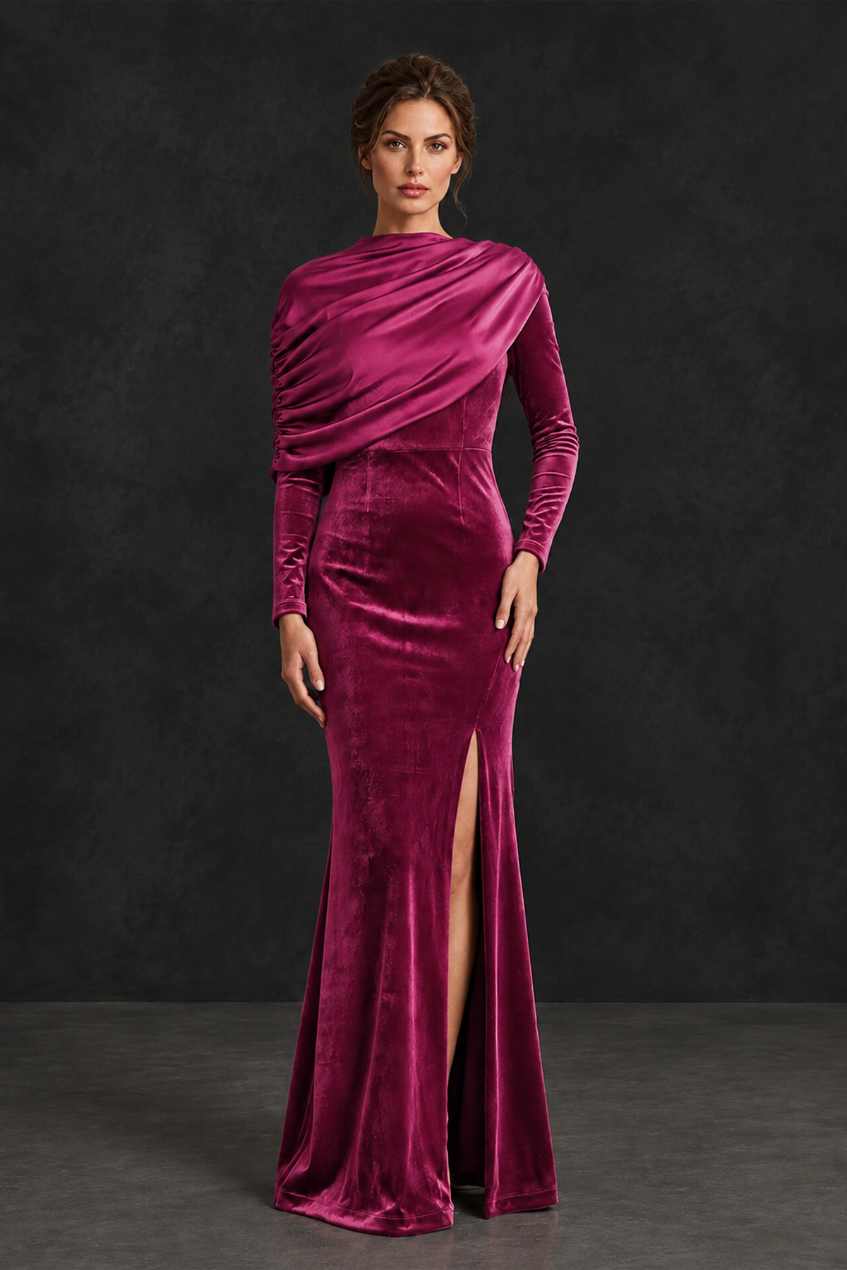 BOLODOO Fuchsia Velvet Long Sleeve Draped Mother of the Bride Dress - Fuchsia - Fuchsia_1