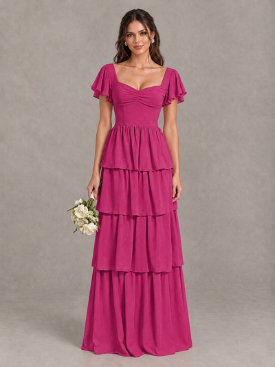 BOLODOO Fuchsia Flutter Sleeve Tiered Maxi Bridesmaid Dress - Fuchsia - Fuchsia_1
