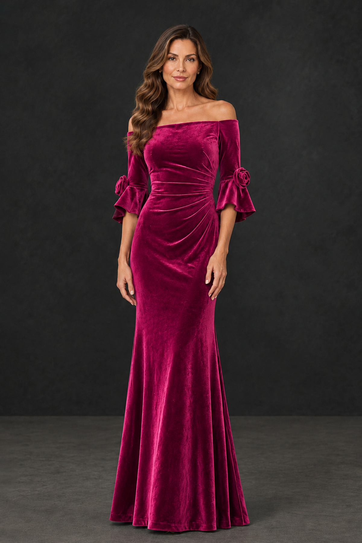 BOLODOO Fuchsia Velvet Mother of the Bride Dress with Rosette Sleeves - Fuchsia - Fuchsia_1
