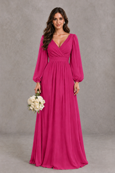 BOLODOO Fuchsia Long Sleeve V-Neck A-Line Bridesmaid Dress - Fuchsia - Fuchsia_1