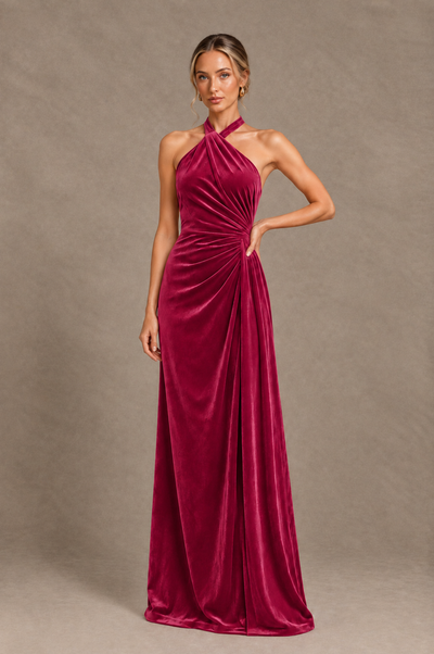 BOLODOO Fuchsia Velvet Halter Open-Back Ruched Evening Dress - Fuchsia - Fuchsia_1