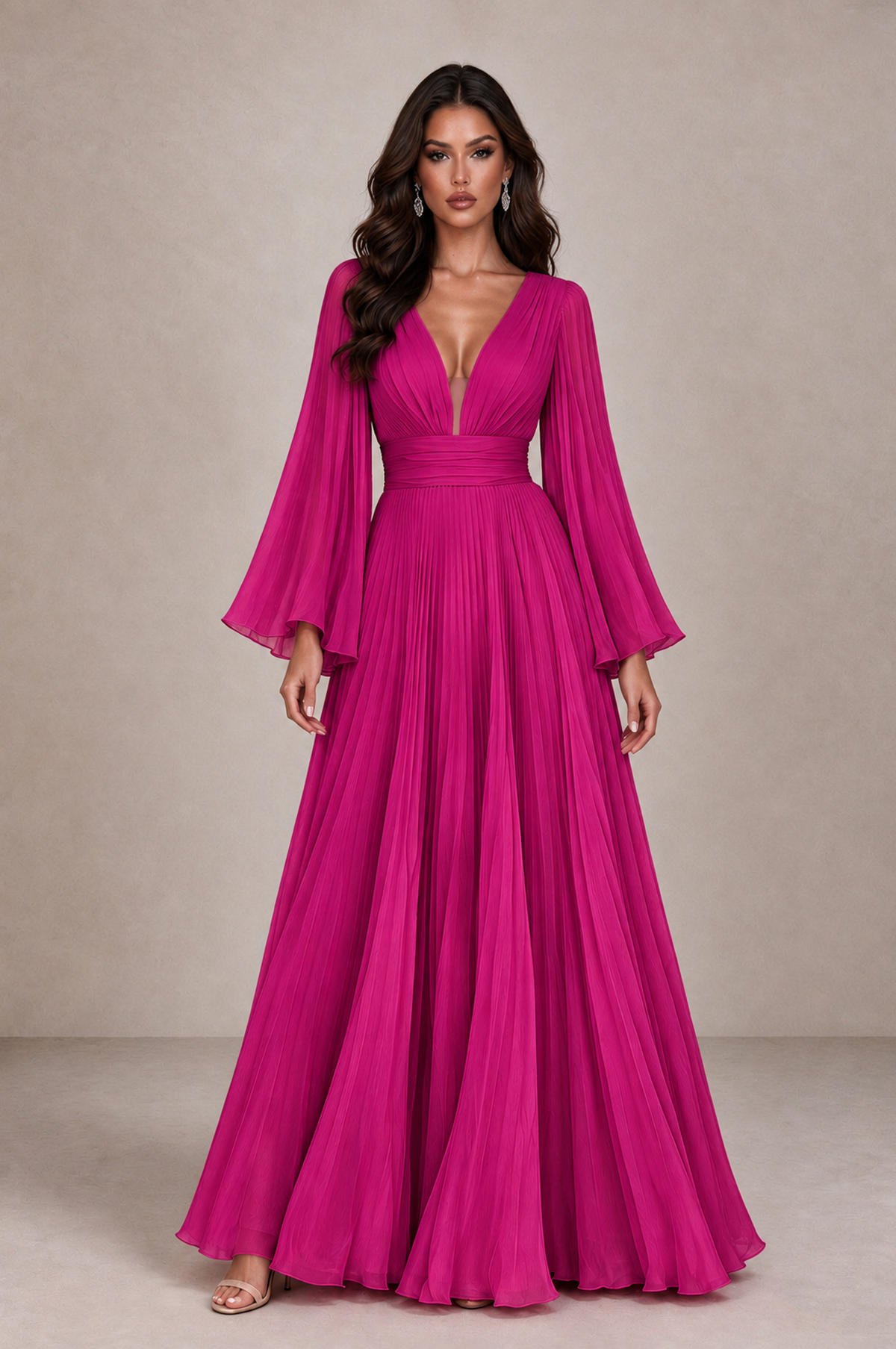 BOLODOO Fuchsia Pleated Deep V-Neck Long Bell Sleeve Evening Dress - Fuchsia - Fuchsia_1