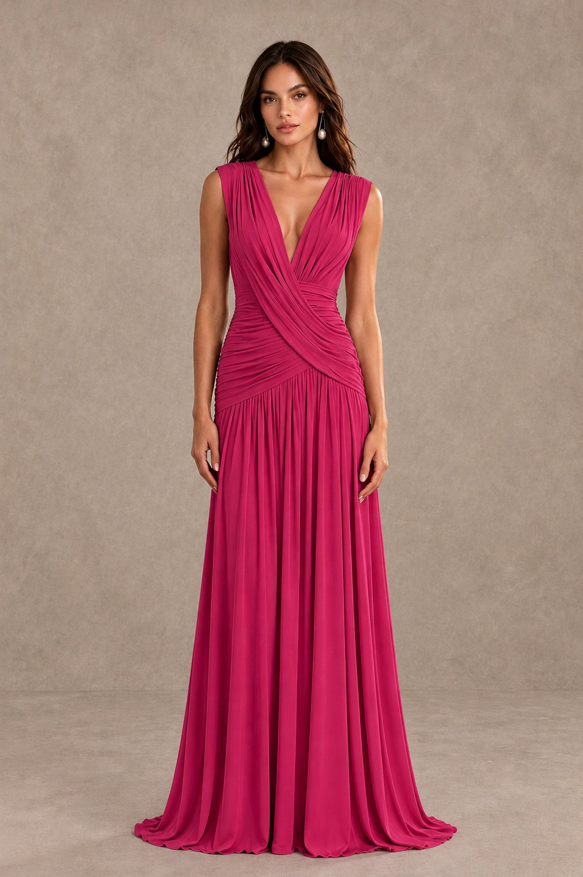 BOLODOO Fuchsia V-Neck Ruched Wedding Guest Dress - Fuchsia - Fuchsia_1