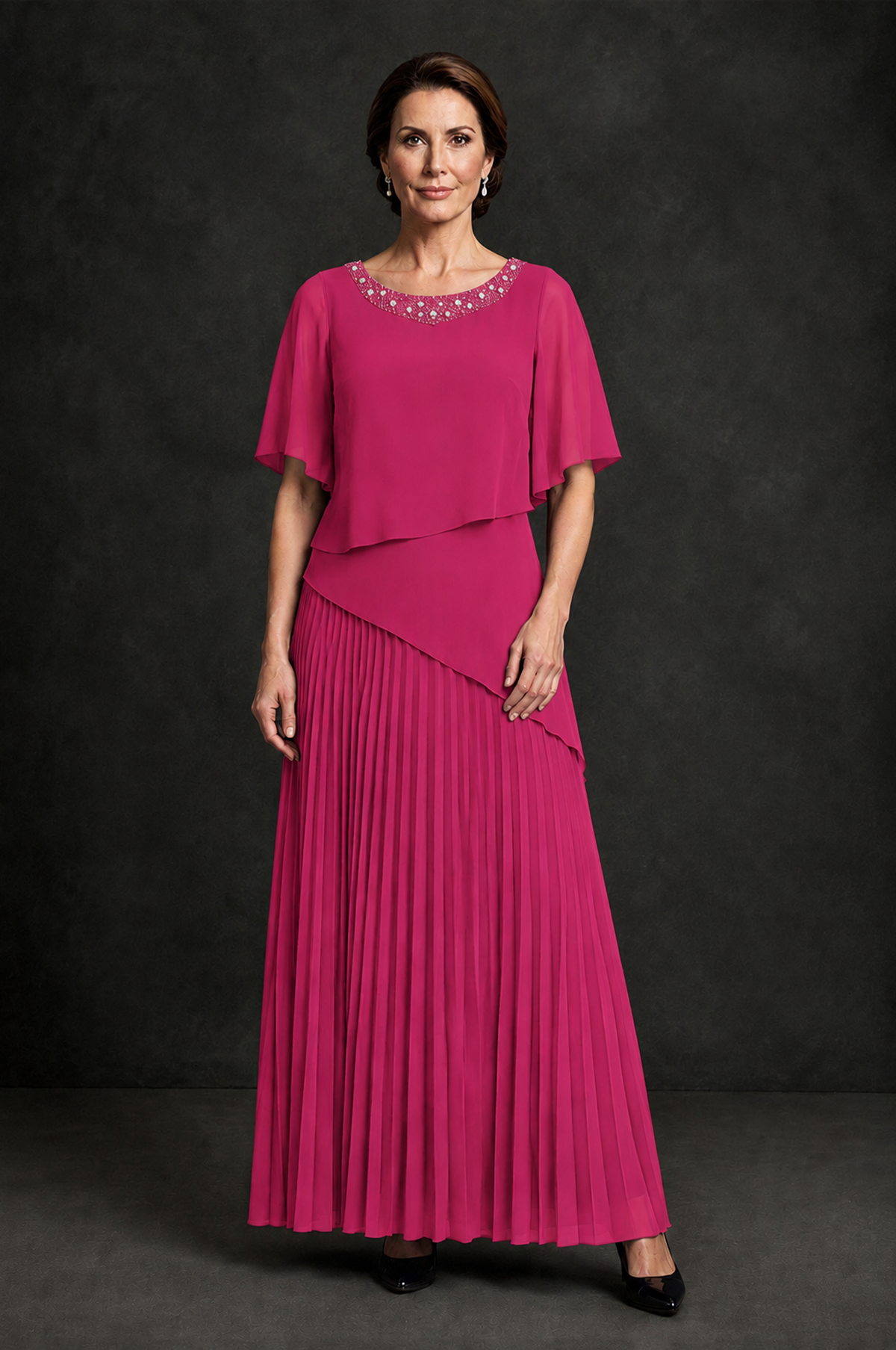 BOLODOO Fuchsia Pearl Beaded Neck Asymmetric Tiered Flutter Sleeve Pleated Chiffon Maxi Dress - Fuchsia - Fuchsia_1