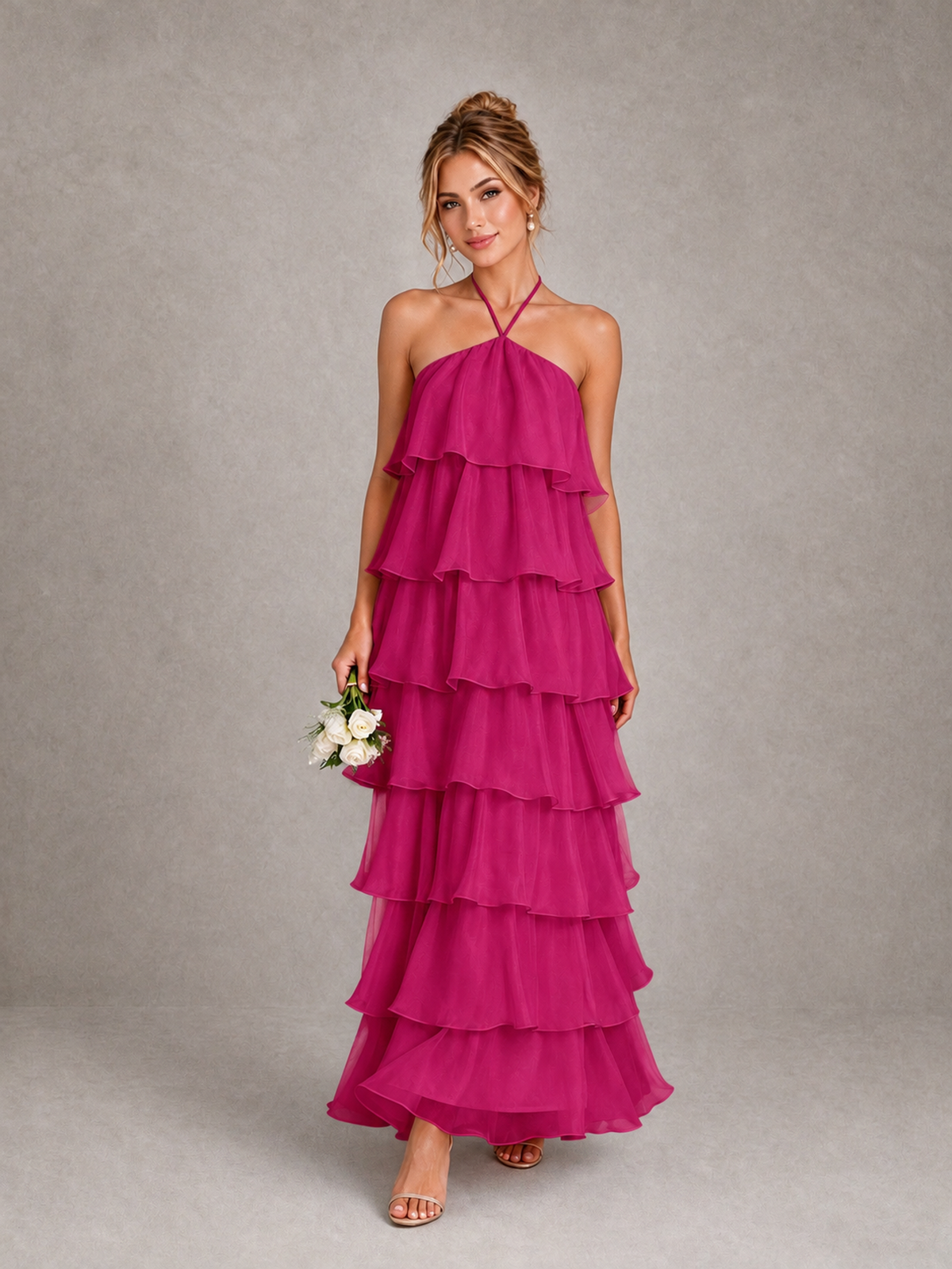 BOLODOO Fuchsia Halter Tiered Ruffle Maxi Bridesmaid Dress - Fuchsia - Fuchsia_1