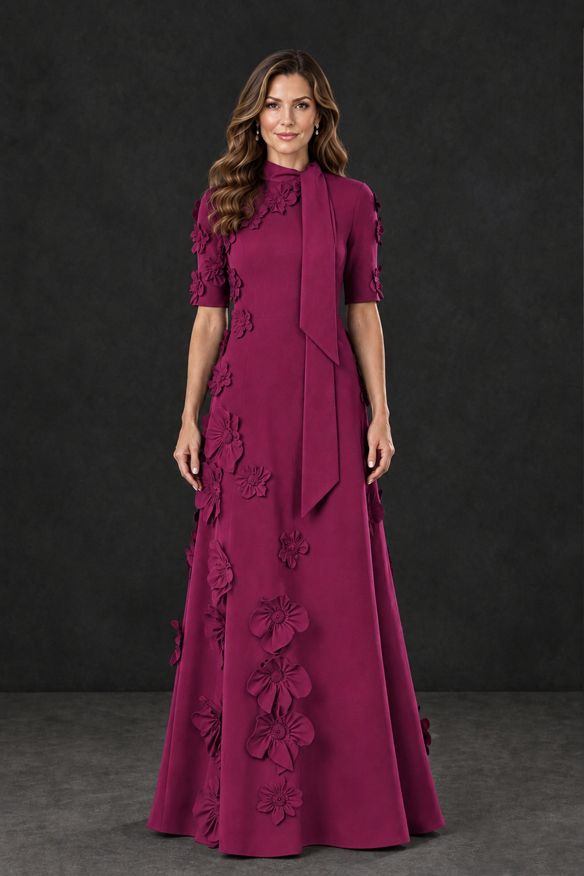 BOLODOO Fuchsia Floral Applique High-Neck Half-Sleeve Gown - Fuchsia - Fuchsia_1