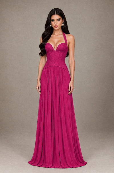 BOLODOO Fuchsia Halter Corset Pleated A-Line Evening Dress - Fuchsia - Fuchsia_1