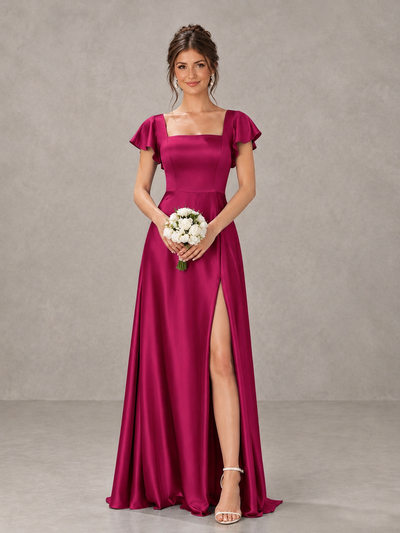 BOLODOO Fuchsia Satin Square Neck Flutter Sleeve A-Line Bridesmaid Dress with Slit - Fuchsia - Fuchsia_1