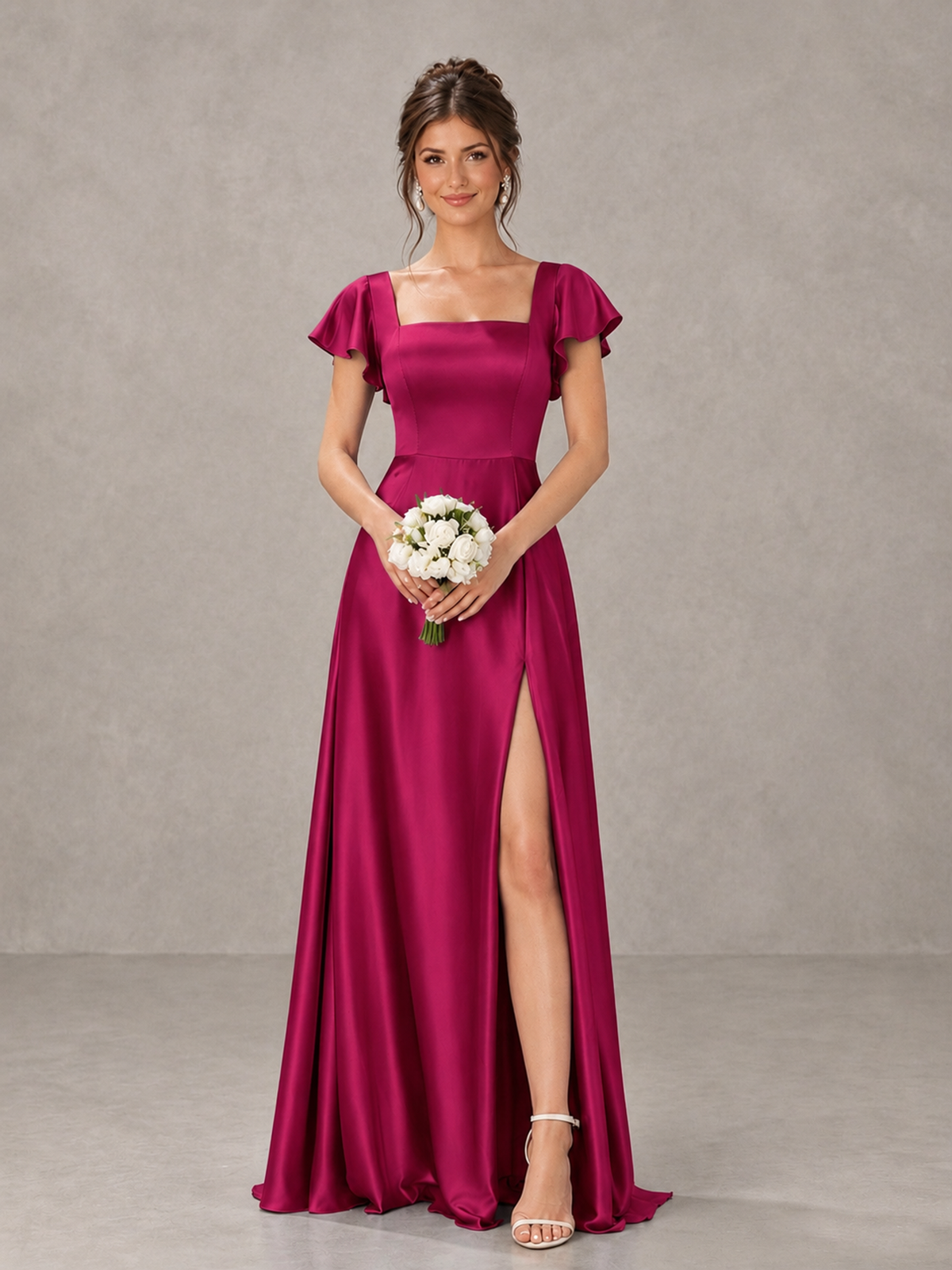BOLODOO Fuchsia Satin Square Neck Flutter Sleeve A-Line Bridesmaid Dress with Slit - Fuchsia - Fuchsia_1