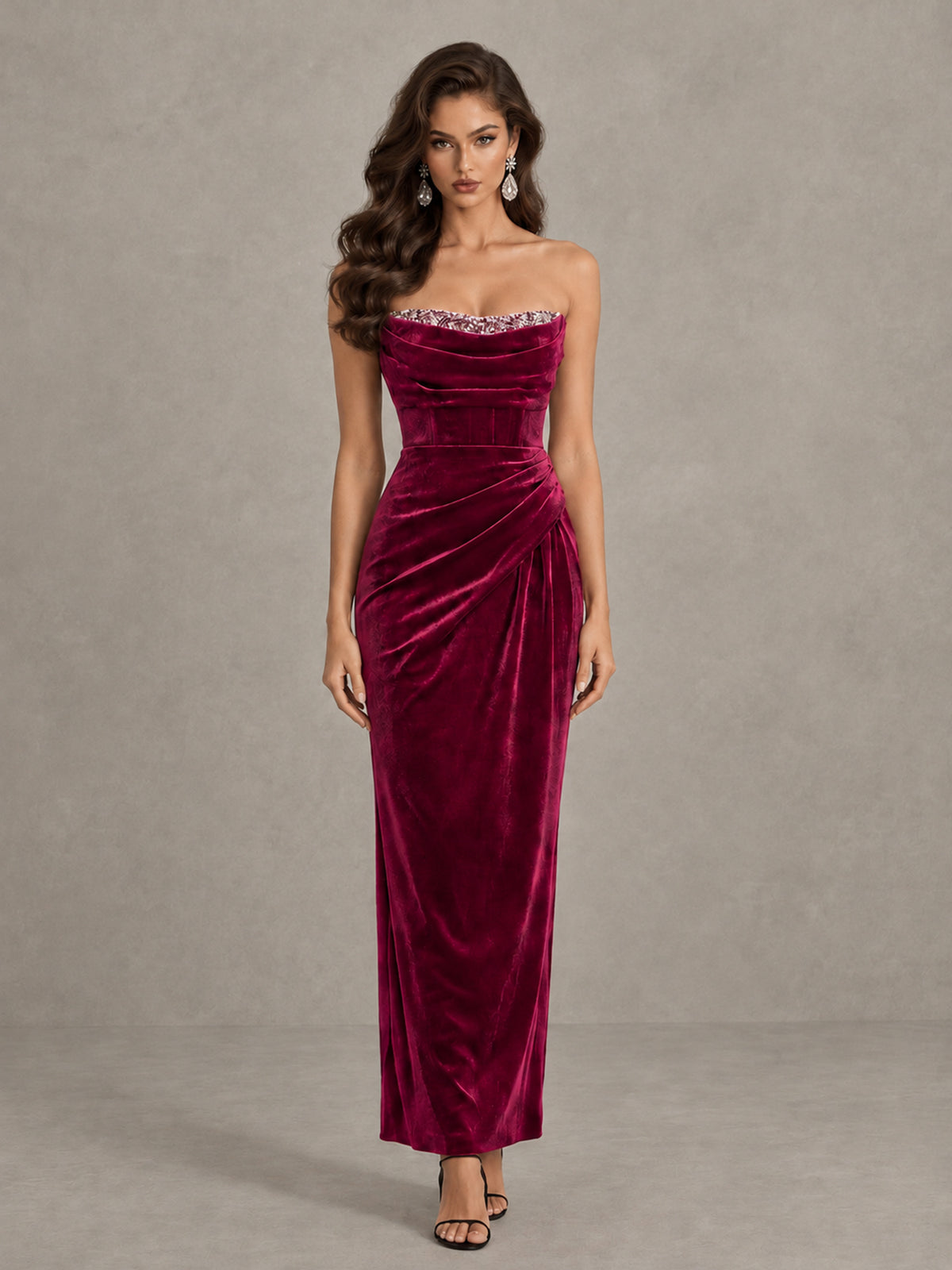 BOLODOO Fuchsia Strapless Velvet Cocktail Maxi Dress - Fuchsia - Fuchsia_1