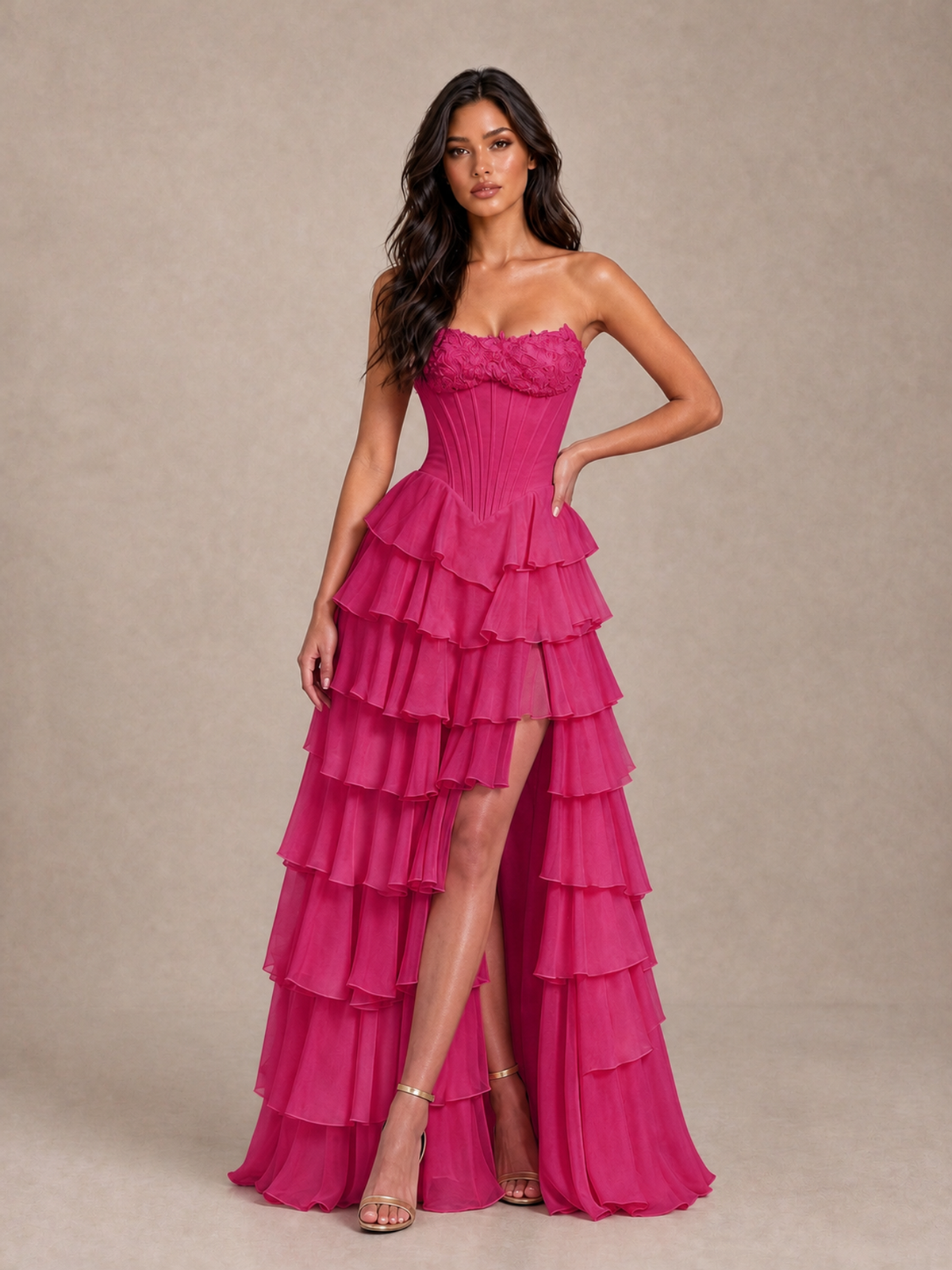 BOLODOO Fuchsia Strapless Corset Tiered Ruffle Prom Dress with High Slit - Fuchsia - Fuchsia_1