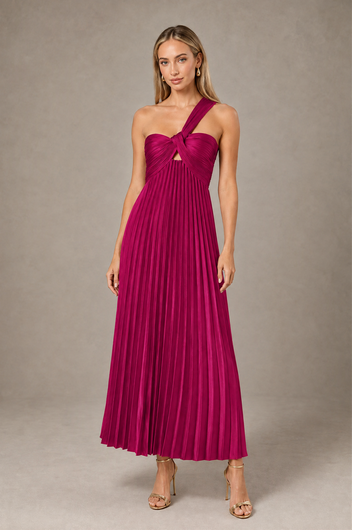 BOLODOO Fuchsia One-Shoulder Twist Knot Pleated Satin Midi Dress with Cutout - Fuchsia - Fuchsia_1