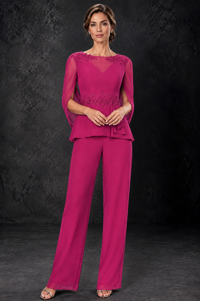 BOLODOO Fuchsia Embellished Cape Sleeve Mother of the Bride Pantsuit - Fuchsia - Fuchsia_1