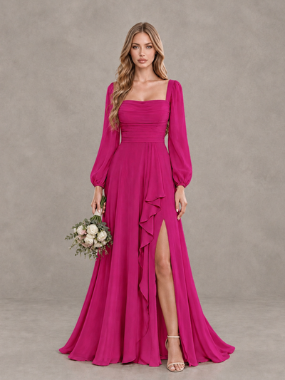 BOLODOO Fuchsia Square Neck Long Sleeve Bridesmaid Dress with Ruffle Slit - Fuchsia - Fuchsia_1