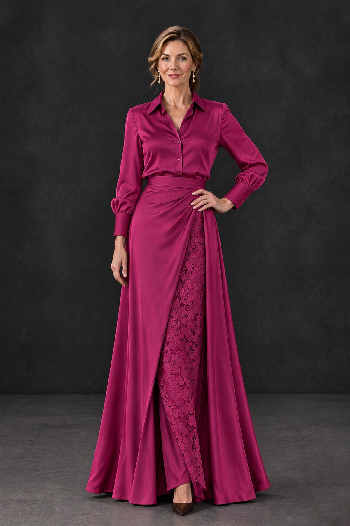 BOLODOO Fuchsia Long Sleeve Satin-Look Lace Panel Gown - Fuchsia - Fuchsia_1