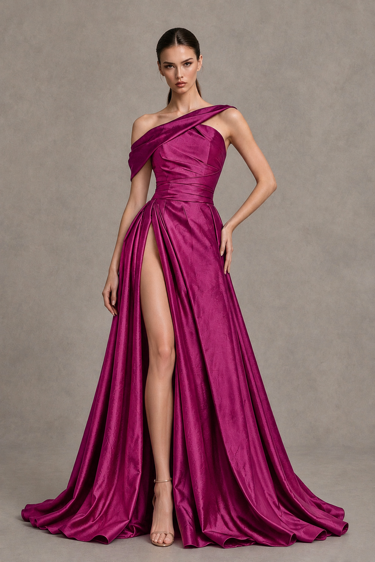 BOLODOO Fuchsia Asymmetric Satin-Look A-Line Prom Dress with High Slit - Fuchsia - Fuchsia_1