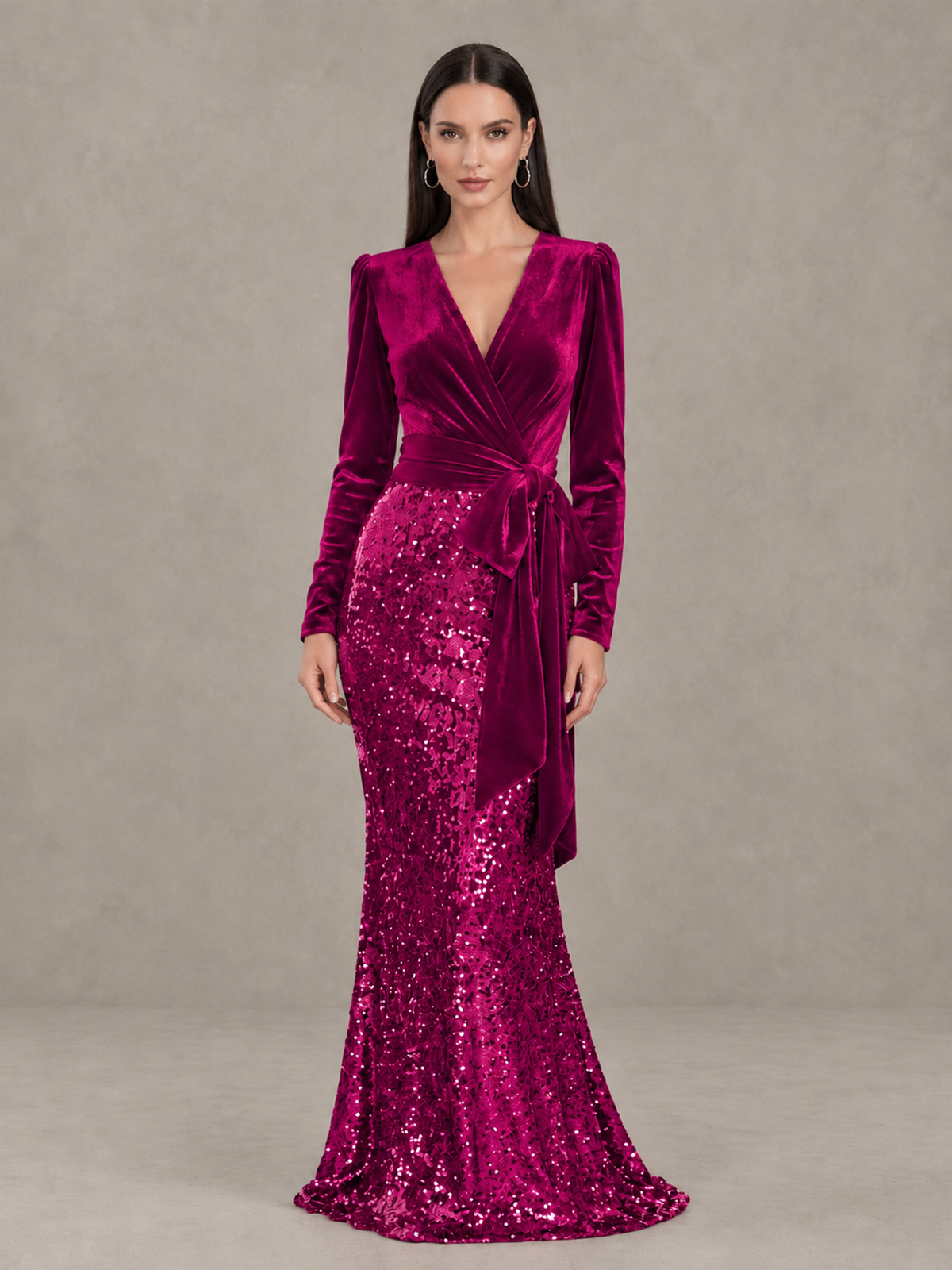 BOLODOO Fuchsia Velvet & Sequin Long Sleeve V-Neck Mermaid Evening Gown - Fuchsia - Fuchsia_1