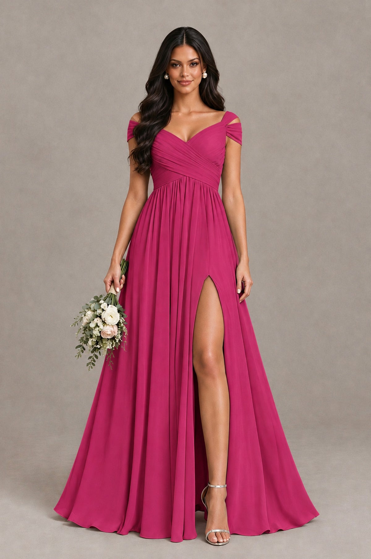 BOLODOO Fuchsia Cold Shoulder Chiffon Evening Dress with V Neck and High Slit - Fuchsia - Fuchsia_1