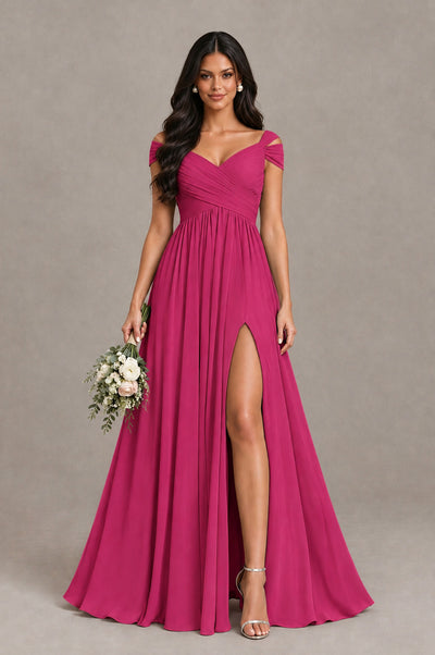 BOLODOO Fuchsia Cold Shoulder Chiffon Evening Dress with V Neck and High Slit - Fuchsia - Fuchsia_1