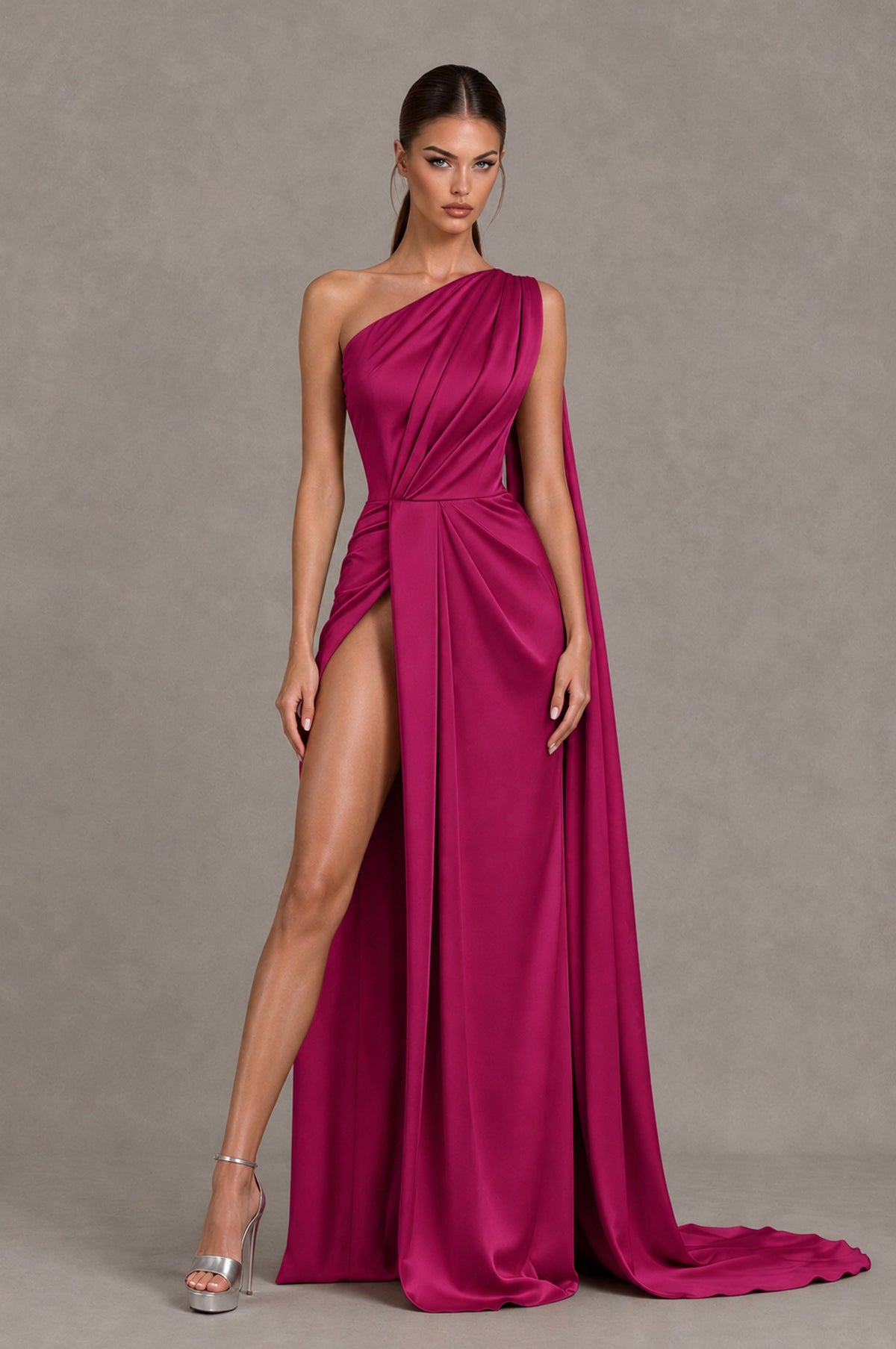BOLODOO Fuchsia One Shoulder Satin Evening Dress with High Slit and Draped Cape Train - Fuchsia - Fuchsia_1