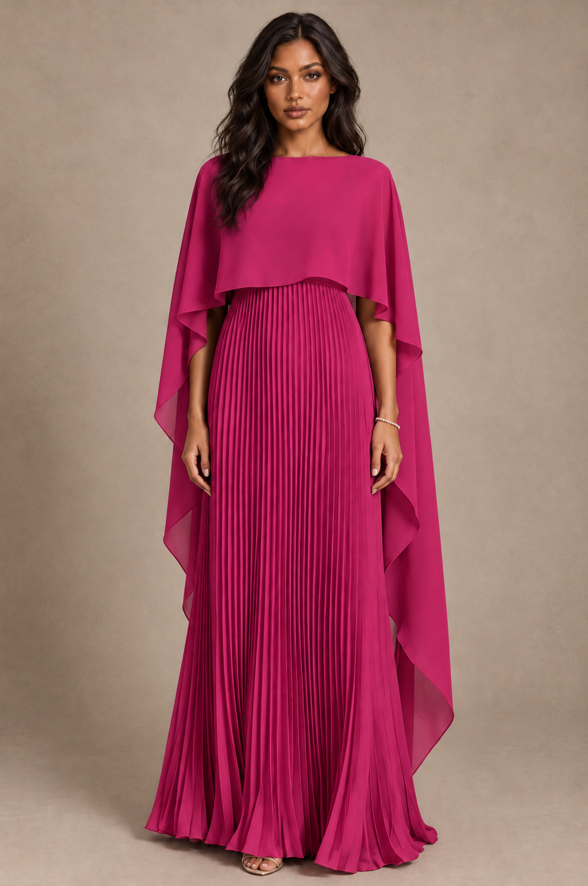 BOLODOO Fuchsia Pleated Cape A-Line Evening Dress - Fuchsia - Fuchsia_1